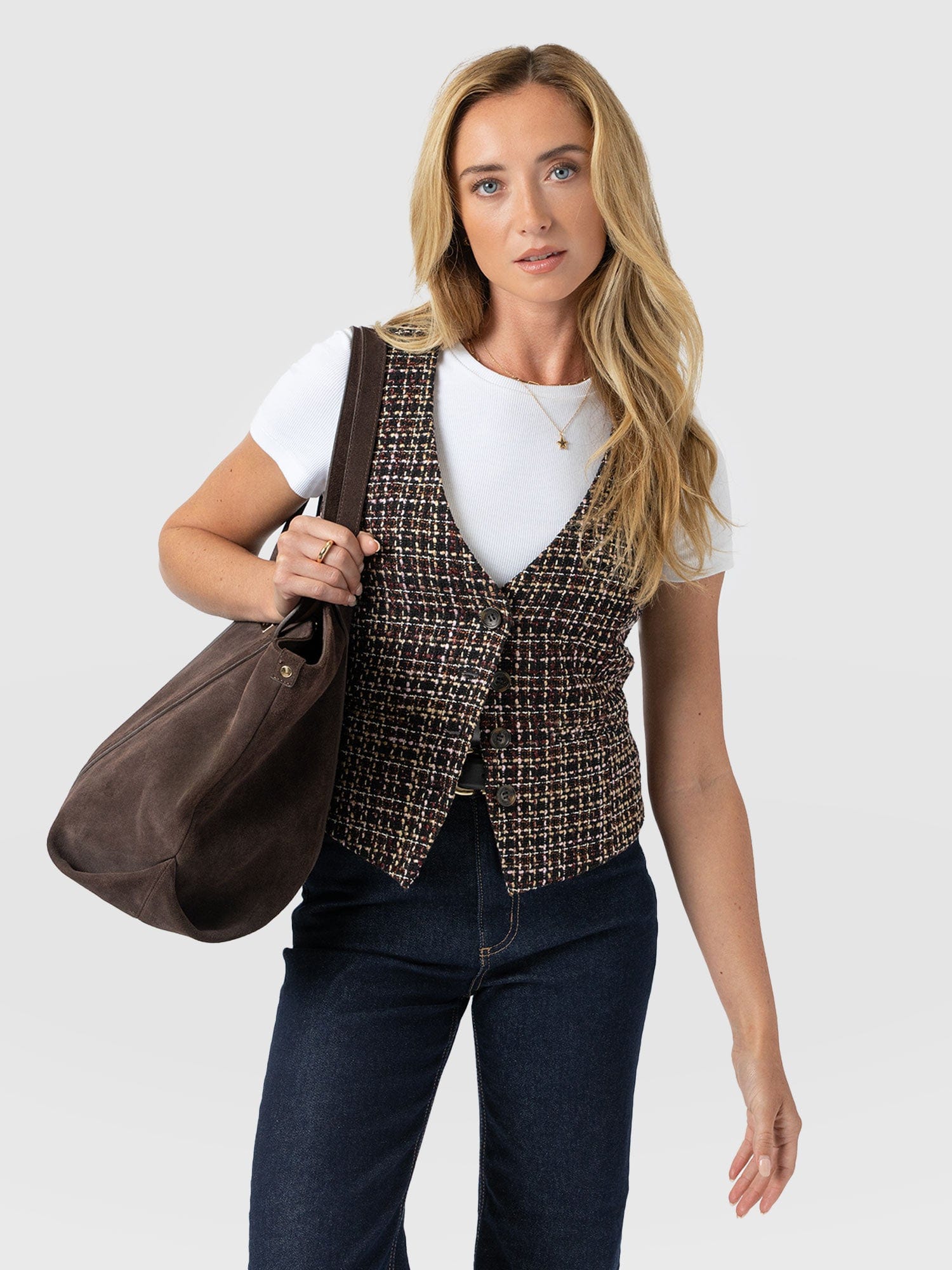 Astrid Waistcoat - Black/Burgundy/Gold Boucle - Women's Jackets | Saint + Sofia® USA